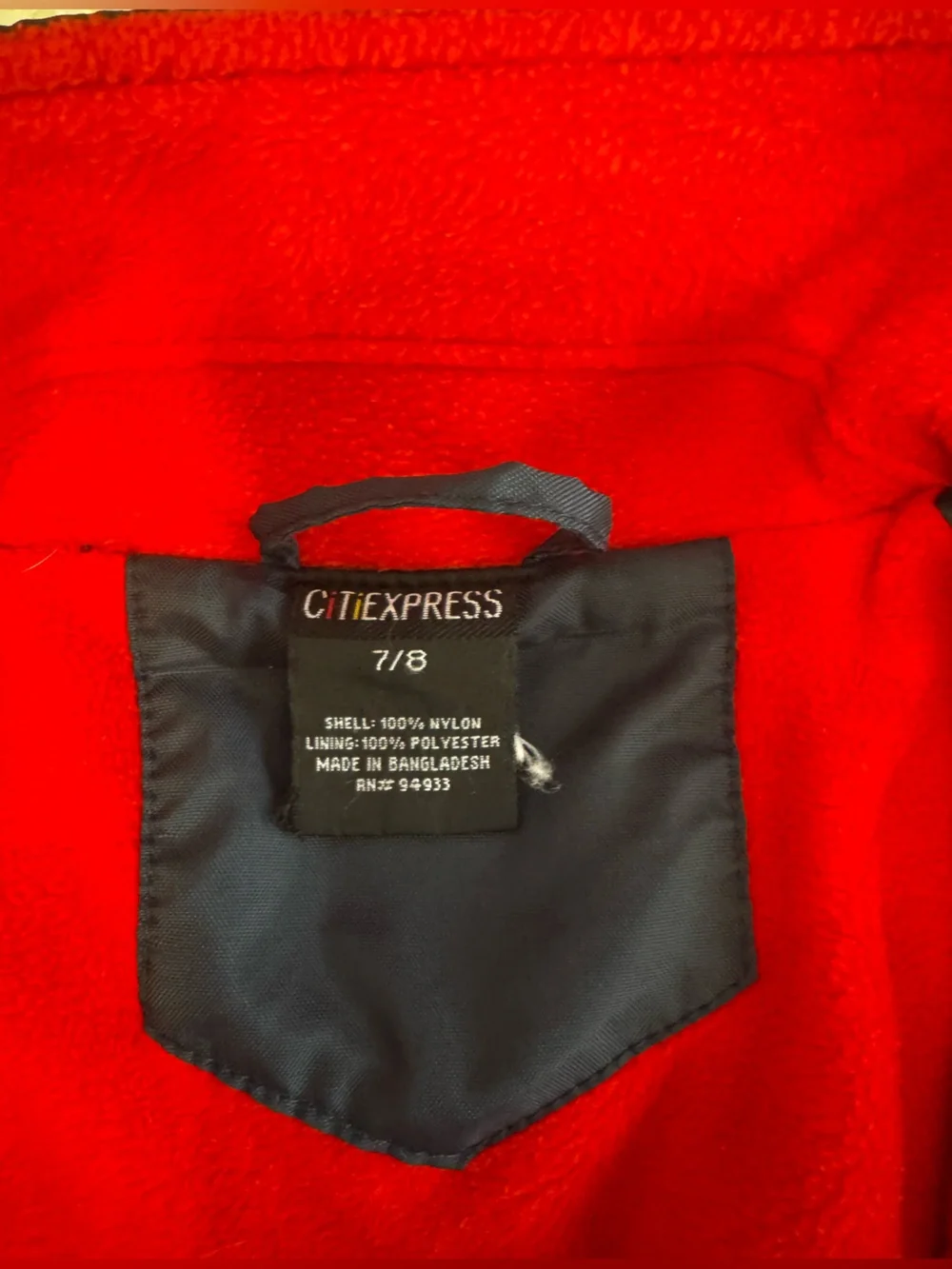 Express Navy Raincoat with Red and White Stripe Detail